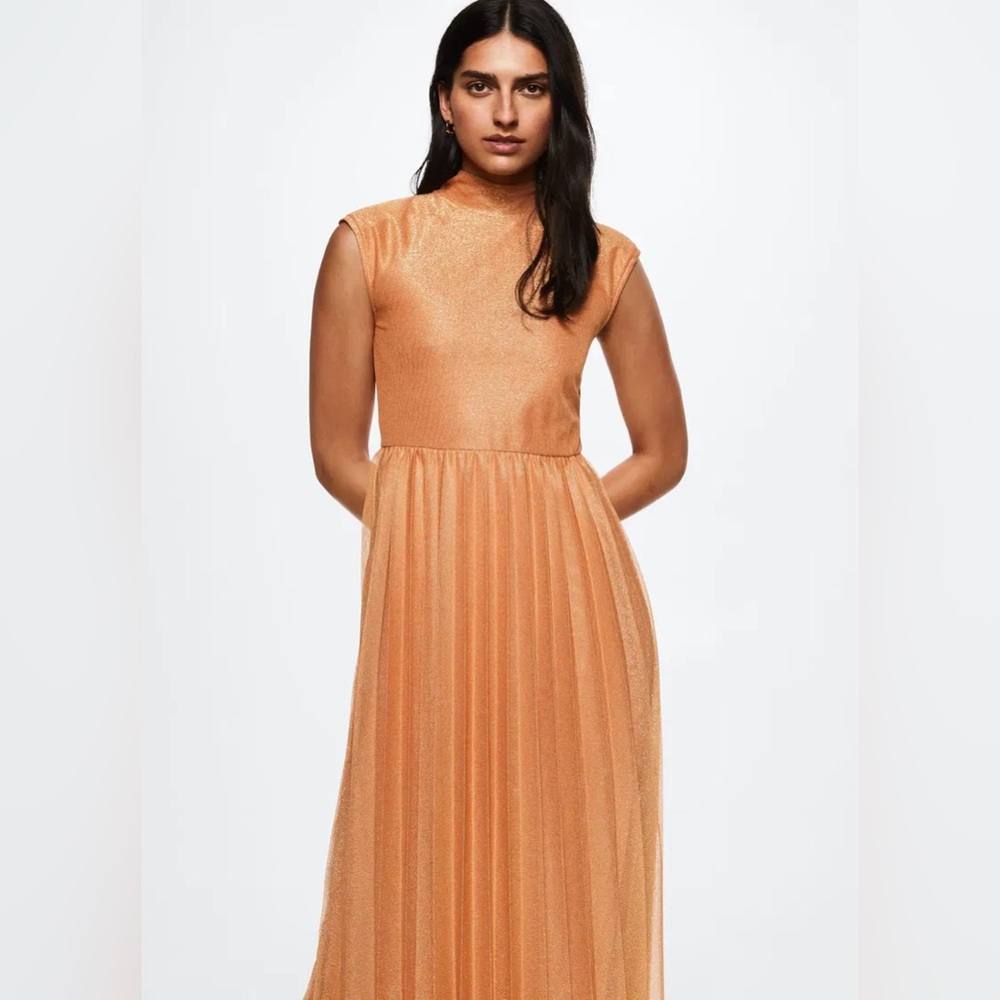 Mango Lurex Gold pleated dress size L shimmery Midi Effortless Elegance fits M-L